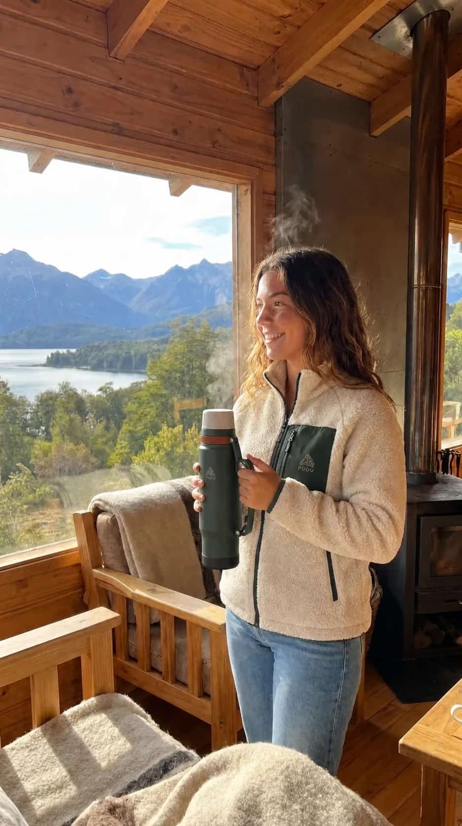 Maite viste el Polar Lenga PUDU en un refugio de montaña